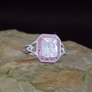 Radiant CZ and Pink Ruby Statement Ring 925 Silver